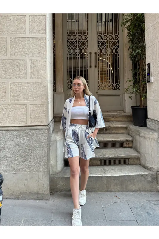 Kadın Baskı Düşük Omuz Şortlu Kimono Takım-beyazmavi - 3