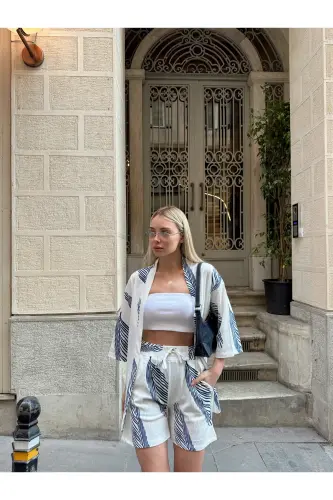 Kadın Baskı Düşük Omuz Şortlu Kimono Takım-beyazmavi - 4