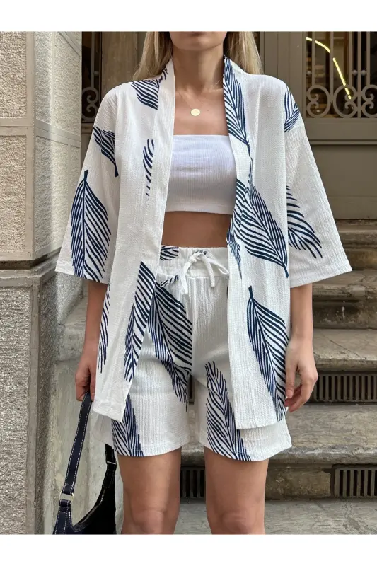 Kadın Baskı Düşük Omuz Şortlu Kimono Takım-beyazmavi - AFROGİYİM