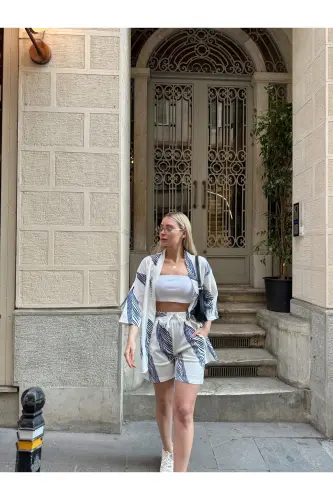 Kadın Baskı Düşük Omuz Şortlu Kimono Takım-beyazmavi - 5