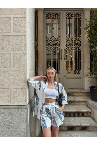 Kadın Baskı Düşük Omuz Şortlu Kimono Takım-beyazmavi - 6