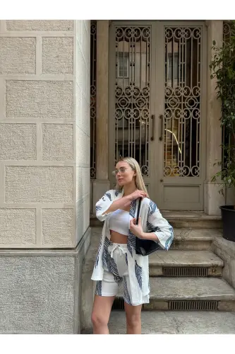 Kadın Baskı Düşük Omuz Şortlu Kimono Takım-beyazmavi - 7