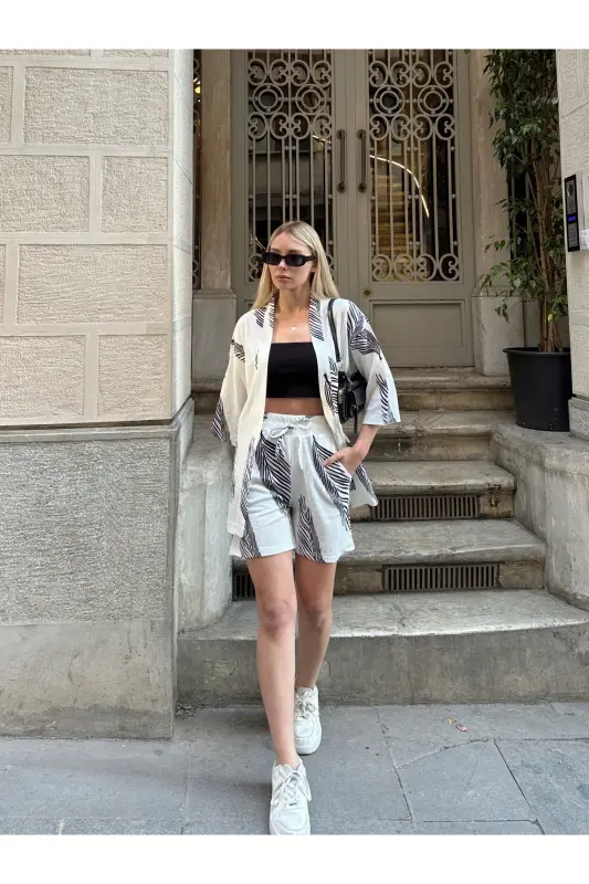 Kadın Baskı Düşük Omuz Şortlu Kimono Takım-beyazsiyah - 6