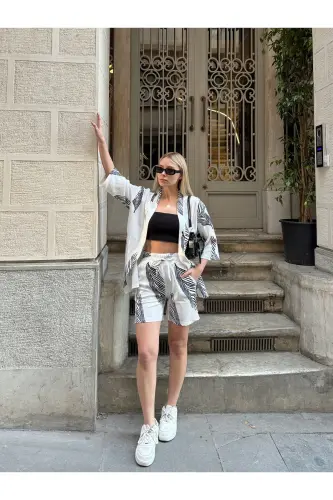 Kadın Baskı Düşük Omuz Şortlu Kimono Takım-beyazsiyah - 7