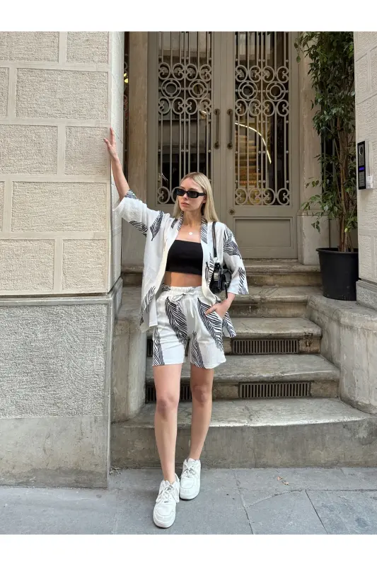 Kadın Baskı Düşük Omuz Şortlu Kimono Takım-beyazsiyah - 7