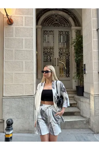 Kadın Baskı Düşük Omuz Şortlu Kimono Takım-beyazsiyah - 8