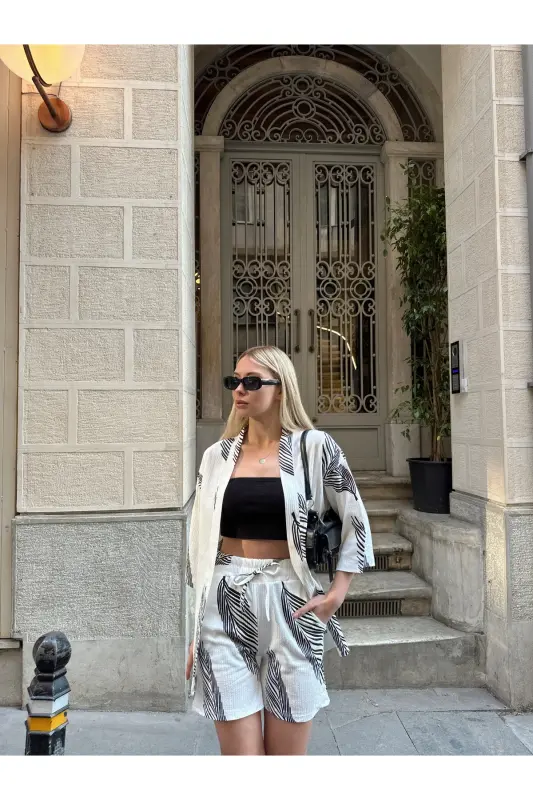 Kadın Baskı Düşük Omuz Şortlu Kimono Takım-beyazsiyah - 8