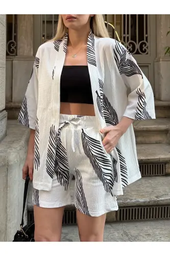 Kadın Baskı Düşük Omuz Şortlu Kimono Takım-beyazsiyah 