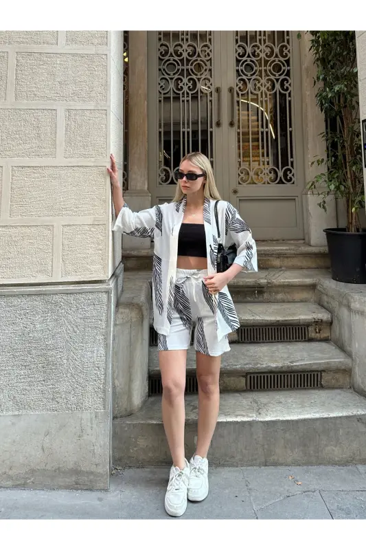Kadın Baskı Düşük Omuz Şortlu Kimono Takım-beyazsiyah - 3
