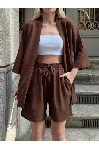 Kadın Baskı Düşük Omuz Şortlu Kimono Takım-kahverengi 