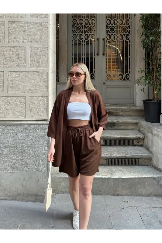 Kadın Baskı Düşük Omuz Şortlu Kimono Takım-kahverengi - 2