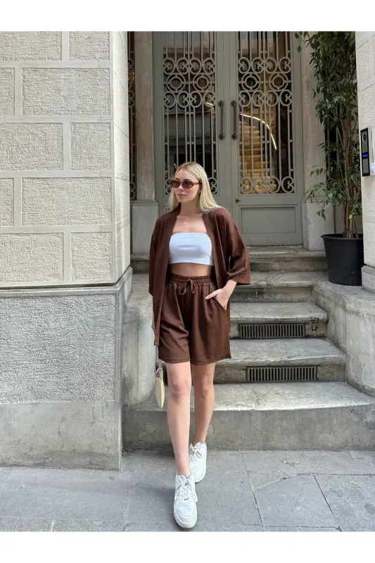Kadın Baskı Düşük Omuz Şortlu Kimono Takım-kahverengi - 3