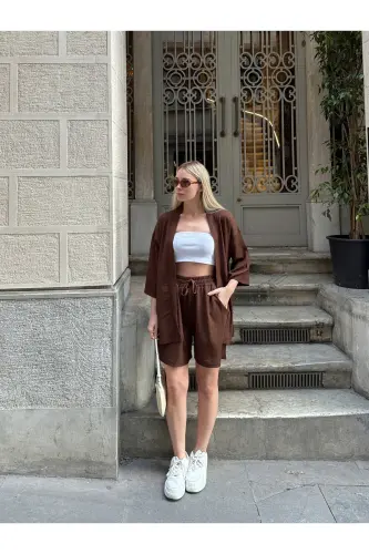 Kadın Baskı Düşük Omuz Şortlu Kimono Takım-kahverengi - 4