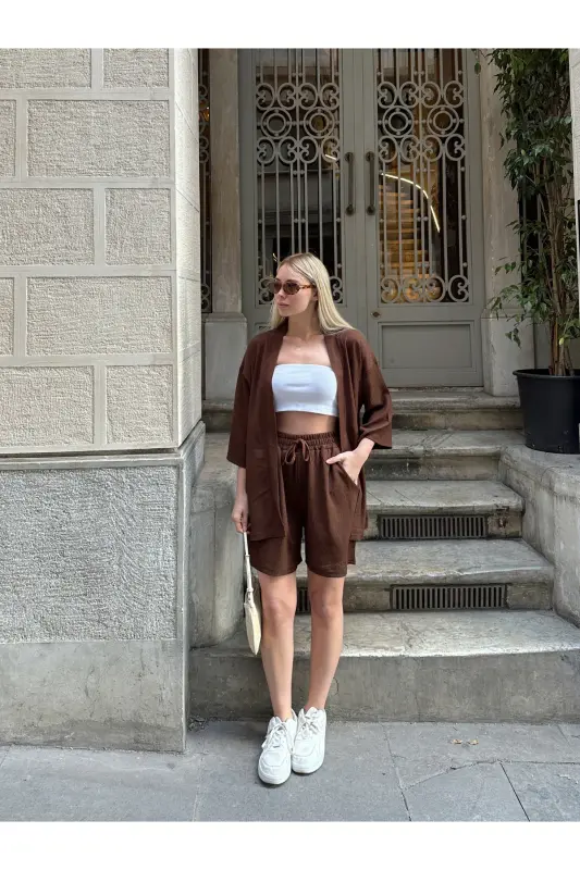 Kadın Baskı Düşük Omuz Şortlu Kimono Takım-kahverengi - 4