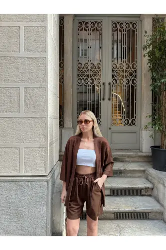 Kadın Baskı Düşük Omuz Şortlu Kimono Takım-kahverengi - 6