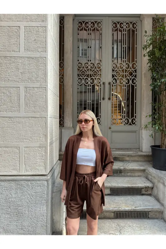 Kadın Baskı Düşük Omuz Şortlu Kimono Takım-kahverengi - 6