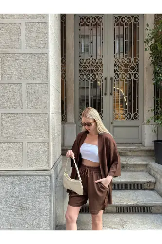 Kadın Baskı Düşük Omuz Şortlu Kimono Takım-kahverengi - 7