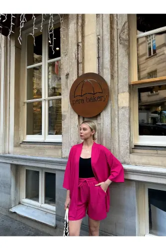 Kadın Baskı Düşük Omuz Şortlu Kimono Takım-pembe 