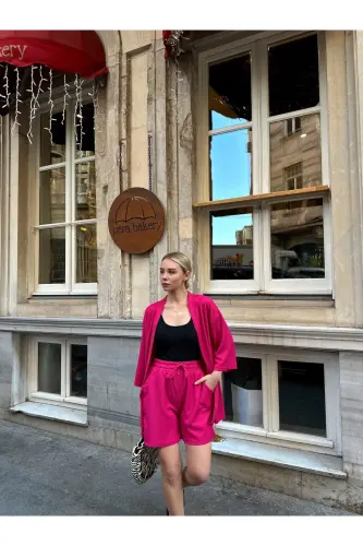 Kadın Baskı Düşük Omuz Şortlu Kimono Takım-pembe - AFROGİYİM (1)