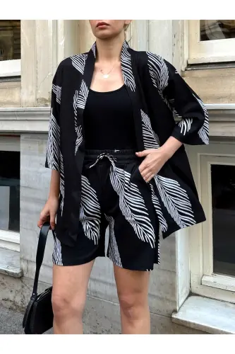 Kadın Baskı Düşük Omuz Şortlu Kimono Takım-siyahgri - 1