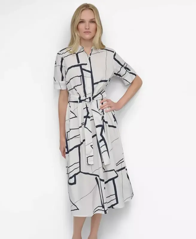 Women's Abstract Printed Cotton Midi Shirt Dress - Cream, Navy - 2