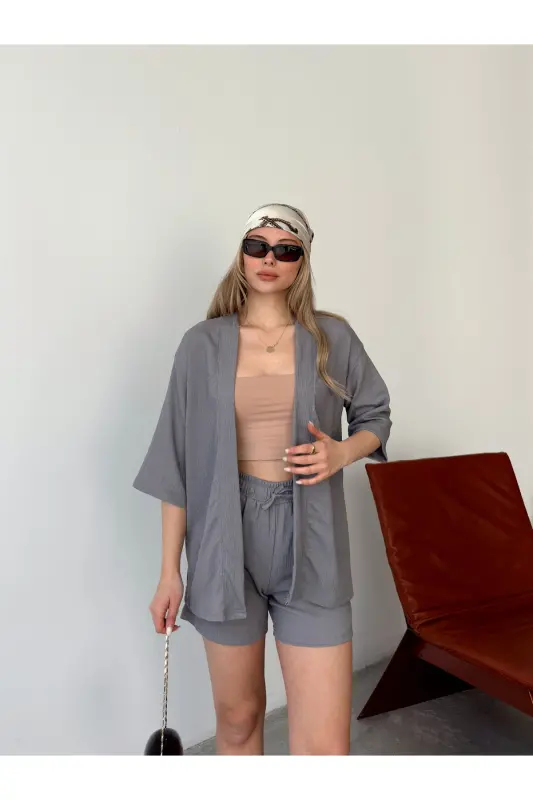 Kadın Baskısız Düşük Omuz Şortlu Kimono Takım-Füme - 2