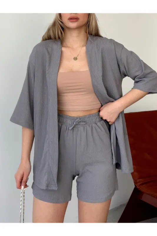 Kadın Baskısız Düşük Omuz Şortlu Kimono Takım-Füme - 7