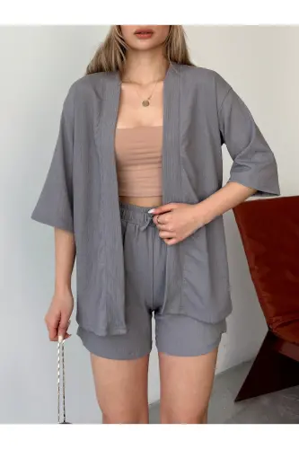 Kadın Baskısız Düşük Omuz Şortlu Kimono Takım-Füme - 8