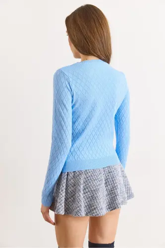 Kadın Bebe Mavi Baklava Desenli Mevsimlik Triko Bluz BLZ-19002885-Bebe Mavi - 2