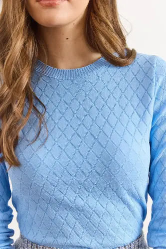 Kadın Bebe Mavi Baklava Desenli Mevsimlik Triko Bluz BLZ-19002885-Bebe Mavi - 3