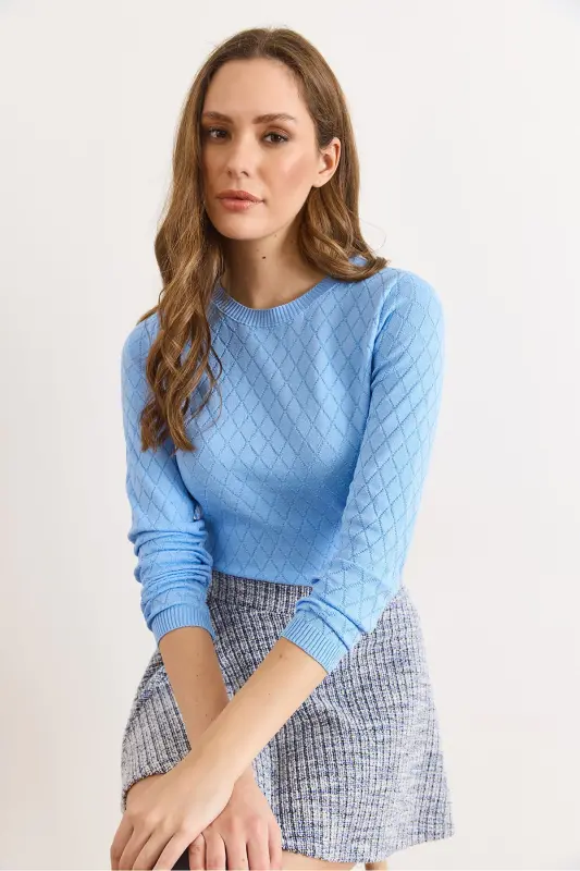 Kadın Bebe Mavi Baklava Desenli Mevsimlik Triko Bluz BLZ-19002885-Bebe Mavi - 5