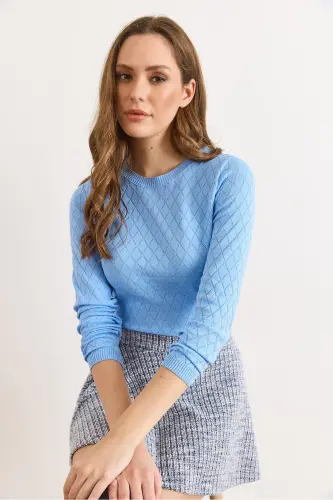 Kadın Bebe Mavi Baklava Desenli Mevsimlik Triko Bluz BLZ-19002885-Bebe Mavi - 5