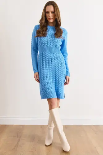 Kadın Bebe Mavi Beli Bantlı Yırtmaçlı Saç Örgü Mini Elbise ELB-19002289-Bebe Mavi 