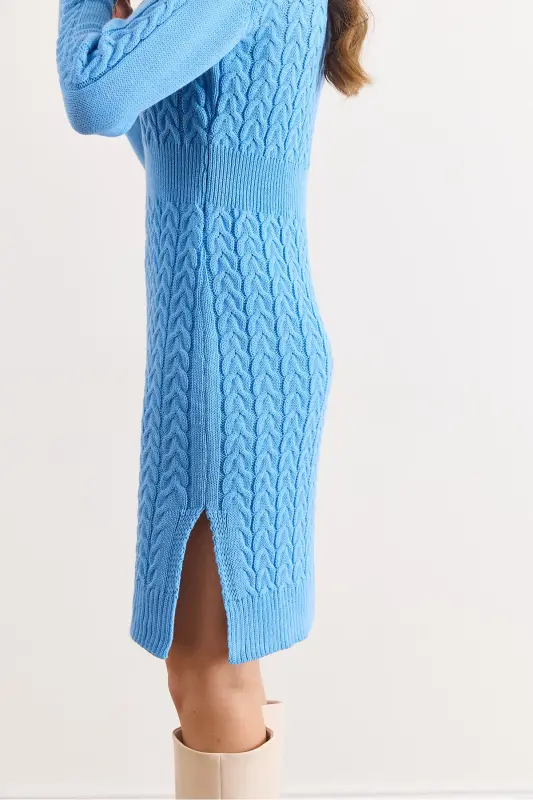 Kadın Bebe Mavi Beli Bantlı Yırtmaçlı Saç Örgü Mini Elbise ELB-19002289-Bebe Mavi - 5