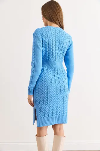 Kadın Bebe Mavi Beli Bantlı Yırtmaçlı Saç Örgü Mini Elbise ELB-19002289-Bebe Mavi - 6