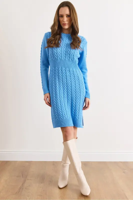 Kadın Bebe Mavi Beli Bantlı Yırtmaçlı Saç Örgü Mini Elbise ELB-19002289-Bebe Mavi - OLALOOK