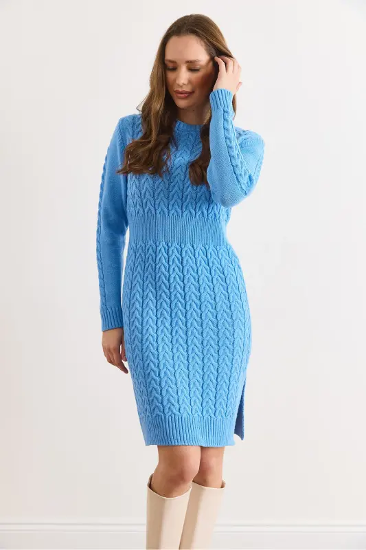 Kadın Bebe Mavi Beli Bantlı Yırtmaçlı Saç Örgü Mini Elbise ELB-19002289-Bebe Mavi - 2