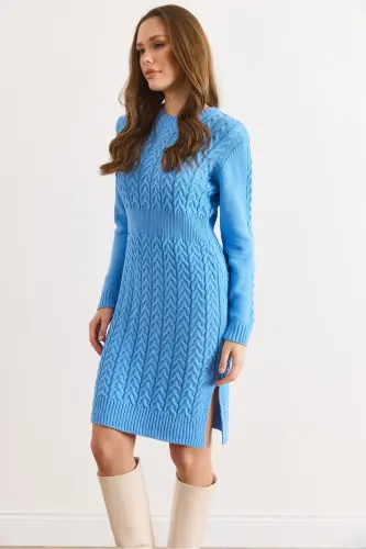 Kadın Bebe Mavi Beli Bantlı Yırtmaçlı Saç Örgü Mini Elbise ELB-19002289-Bebe Mavi - 3