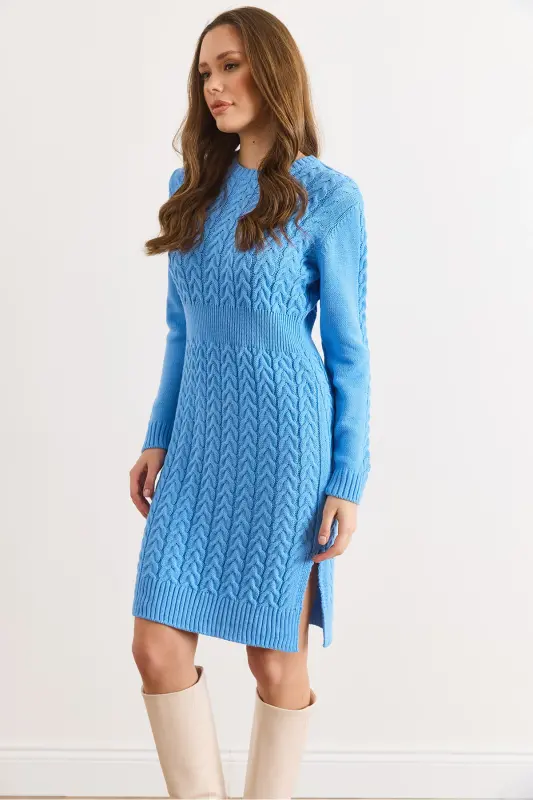 Kadın Bebe Mavi Beli Bantlı Yırtmaçlı Saç Örgü Mini Elbise ELB-19002289-Bebe Mavi - 3