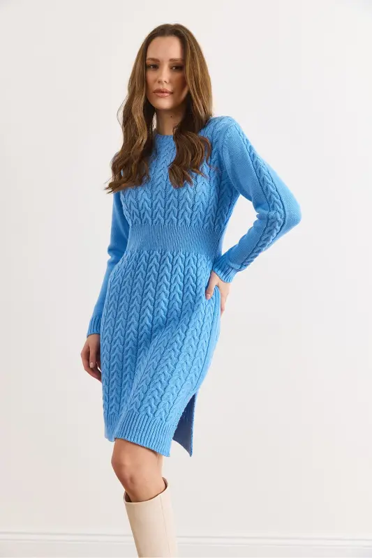 Kadın Bebe Mavi Beli Bantlı Yırtmaçlı Saç Örgü Mini Elbise ELB-19002289-Bebe Mavi - 4