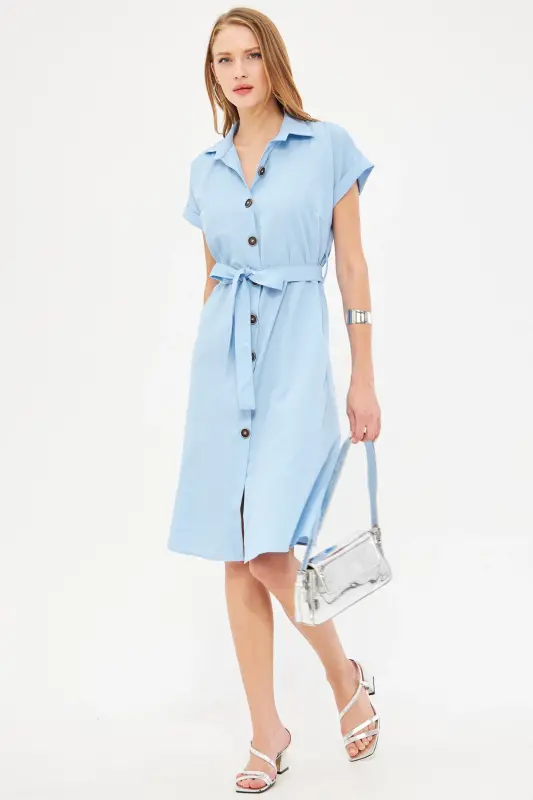 Kadın Bebe Mavi Beli Kemerli Kısa Kol Gömlek Elbise ARM-19Y001068-Bebe Mavi - 1