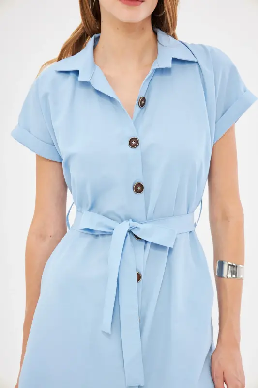 Kadın Bebe Mavi Beli Kemerli Kısa Kol Gömlek Elbise ARM-19Y001068-Bebe Mavi - 2