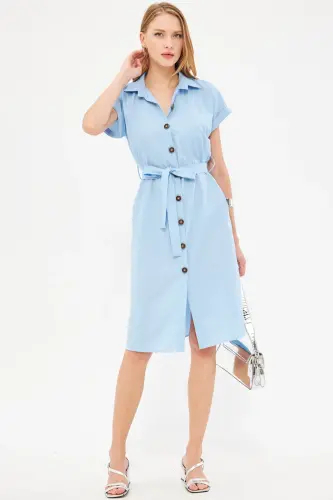 Kadın Bebe Mavi Beli Kemerli Kısa Kol Gömlek Elbise ARM-19Y001068-Bebe Mavi - 3