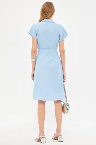 Kadın Bebe Mavi Beli Kemerli Kısa Kol Gömlek Elbise ARM-19Y001068-Bebe Mavi - 4