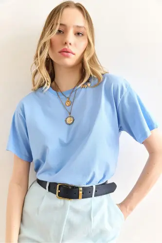 Kadın Bebe Mavi Bisiklet Yaka Basic Tişört TSH-19000774-Bebe Mavi - 1