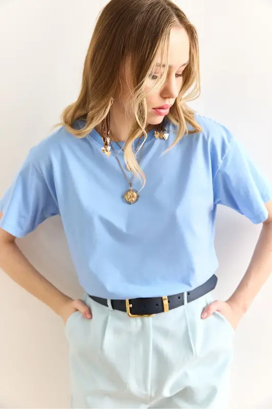 Kadın Bebe Mavi Bisiklet Yaka Basic Tişört TSH-19000774-Bebe Mavi - 3