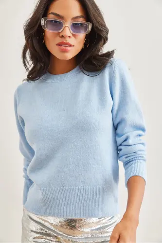 Kadın Bebe Mavi Bisiklet Yaka Yumuşak Dokulu Basic Triko Kazak KZK-19000845-Bebe Mavi - 4