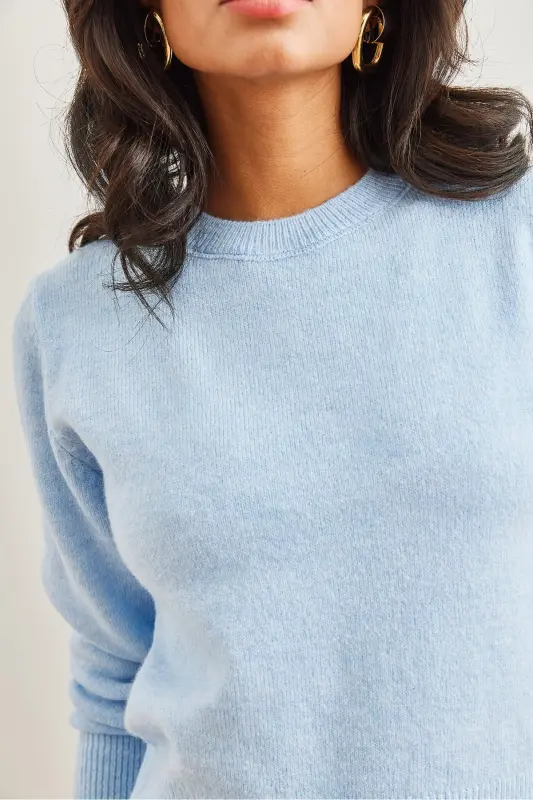 Kadın Bebe Mavi Bisiklet Yaka Yumuşak Dokulu Basic Triko Kazak KZK-19000845-Bebe Mavi - 5