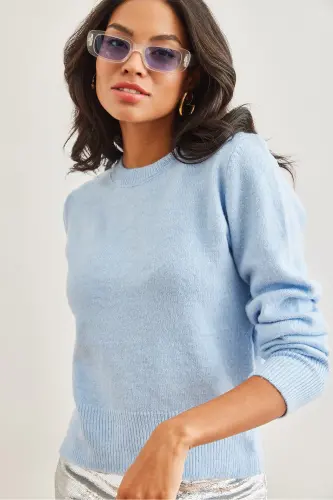 Kadın Bebe Mavi Bisiklet Yaka Yumuşak Dokulu Basic Triko Kazak KZK-19000845-Bebe Mavi 