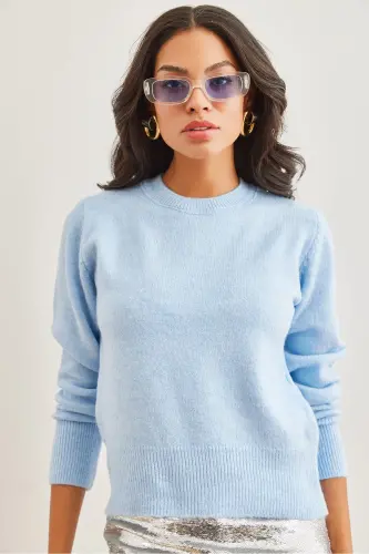 Kadın Bebe Mavi Bisiklet Yaka Yumuşak Dokulu Basic Triko Kazak KZK-19000845-Bebe Mavi - OLALOOK (1)